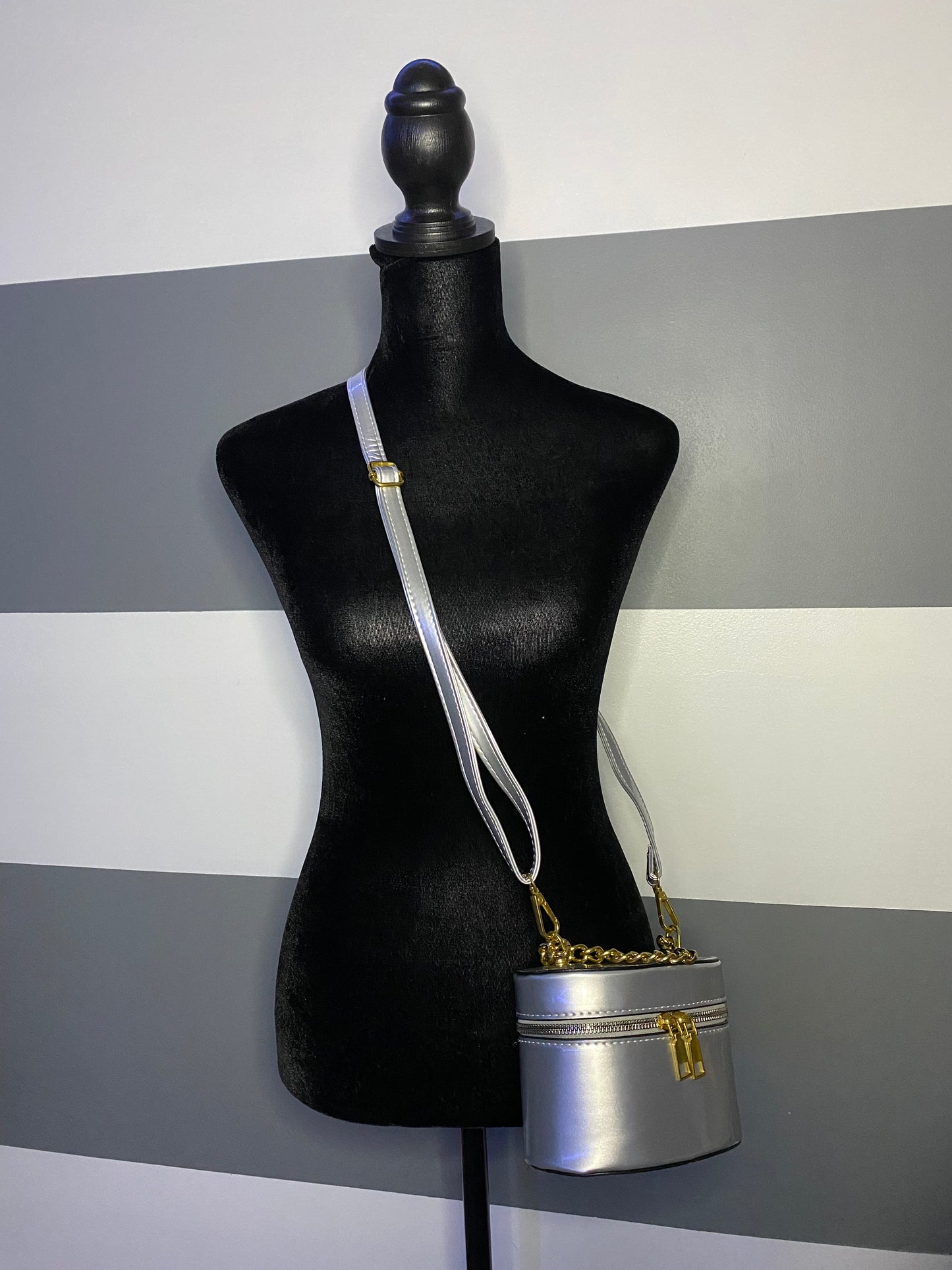 Oh Bhucket glossy PU leather handbag in silver with detachable crossbody strap